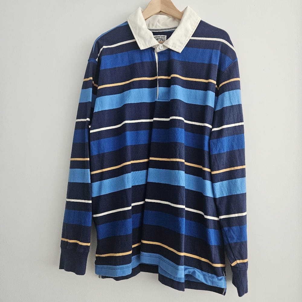 Lands' End Men's Blue Multi Striped Rugby Shirt Size XXL
